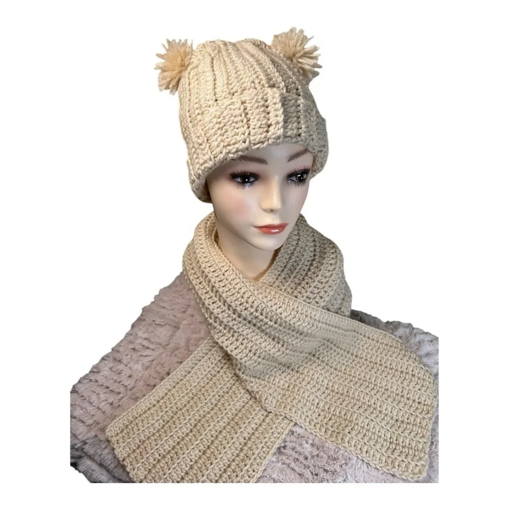 Handmade Bright Beige/ cream Crochet Hat & Scarf Set – Cozy & Stylish adult size